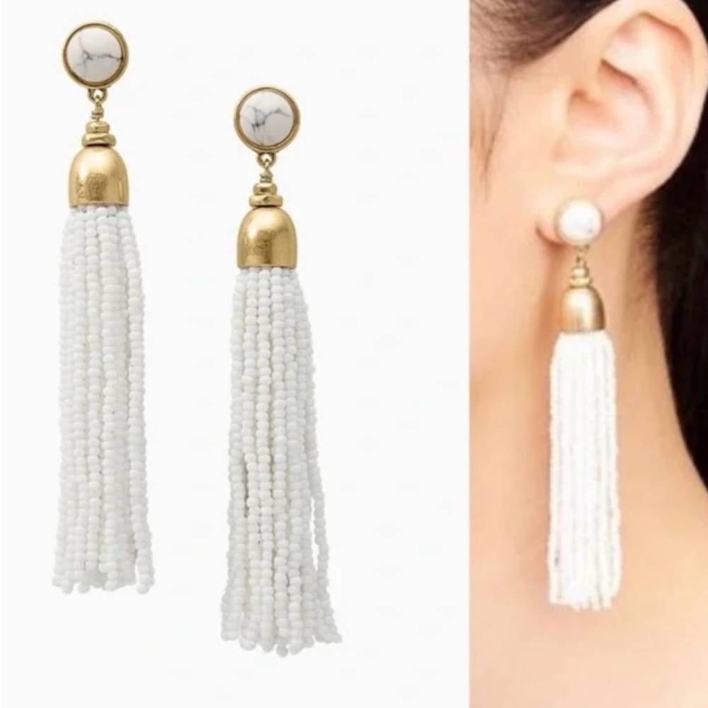 Stella & Dot White Beaded Tassel Earrings
